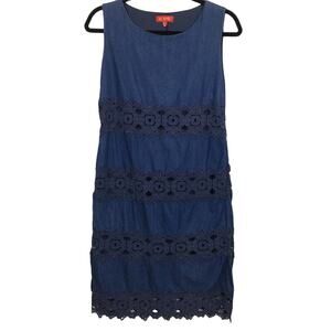 Derby Actrice Women's Chambray Crochet Tiered Sleeveless Blue Sheath Dress M